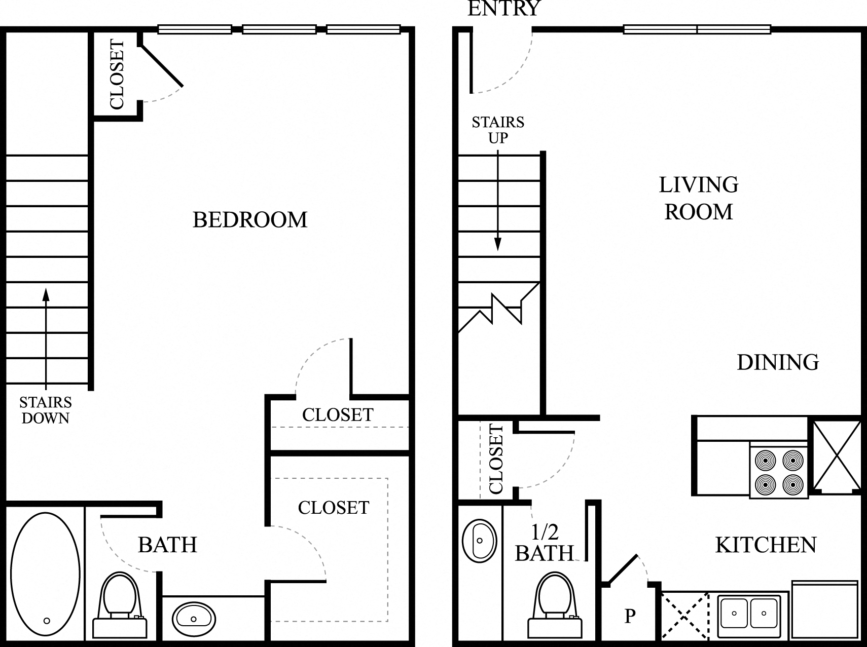 Floor plan for 1 bed, 1.5 baths, 817 sqft